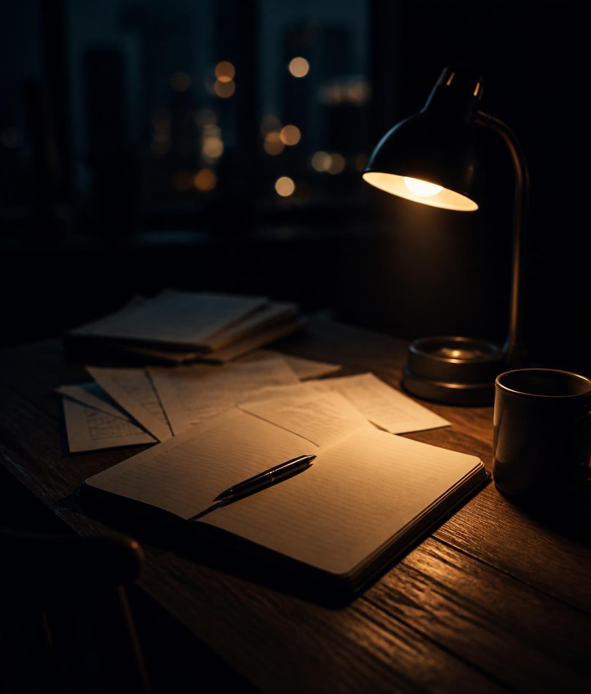Mesa de trabalho à noite com caderno, caneta e contas